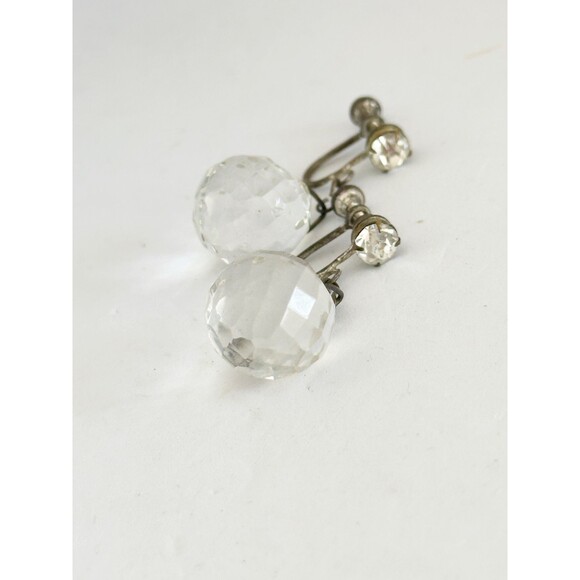Vintage Art Deco Clear Faceted Crystal Orb Screw Back Dangle Earrings - Picture 3 of 4